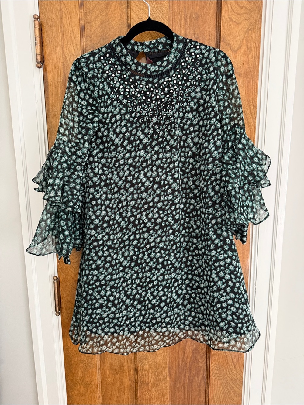 Anthropologie Black and Mint Floral Ruffle-Sleeve Dress